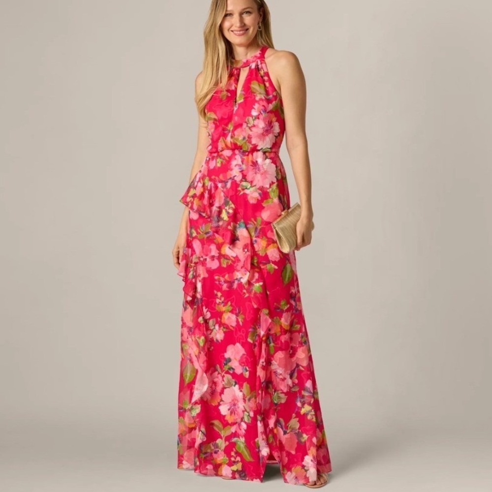 Adrianna Papell Floral Maxi Dress Women 14 New Chiffon Halter Ruffle MSRP $269